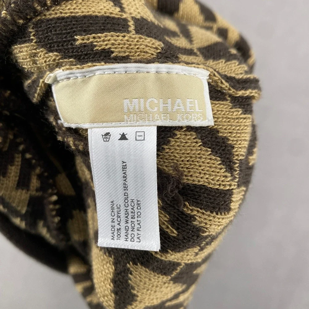 Michael Kors Brown Tan Monogram MK Logo Knit Beanie Hat One Size